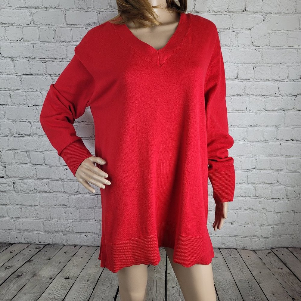 Red Tommy Hilfiger V-Neck Tunic-length Sweater - Size L